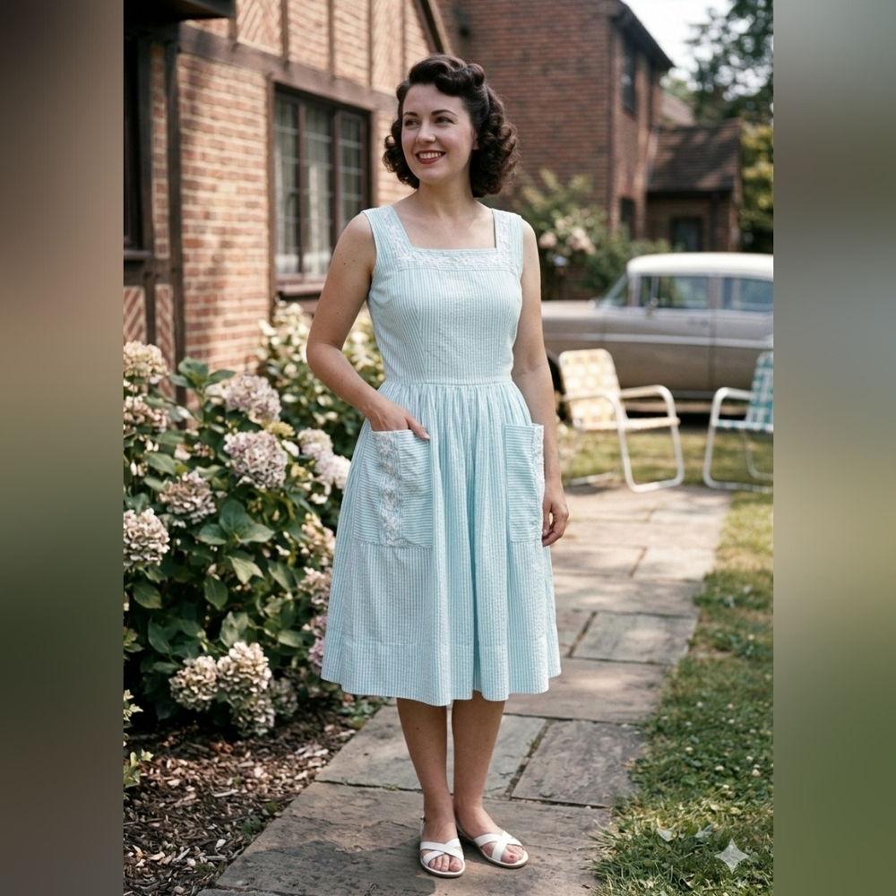 Vintage 50s 60s Mint Stripe Eyelet Sun Dress Cottagecore Pockets Mid Century